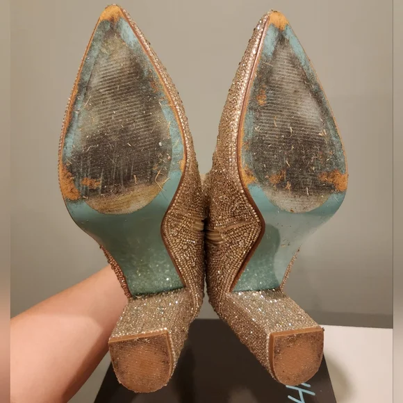 LIGHT GOLD RHINESTONE BLOCK HEEL BOOTIE|  BETSEY JOHNSON, size 7.5 - Picture 5 of 16